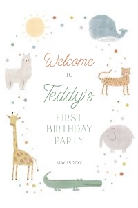 0306 boho animal Welcome sign 24x36: Boho Wild One First Birthday Invitation, Editable boho pastel Ani