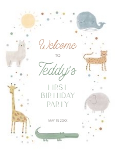 0306 boho animal Welcome sign 18x24: Boho Wild One First Birthday Invitation, Editable boho pastel Ani