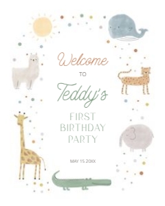 0306 boho animal Welcome sign 16x20: Boho Wild One First Birthday Invitation, Editable boho pastel Ani