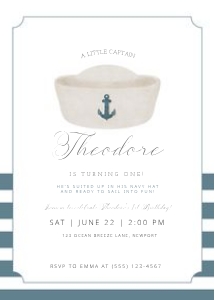0307 Navy hat invitation: Navy Hat First Birthday Invitation for Boy, Minimal Classic 1st B