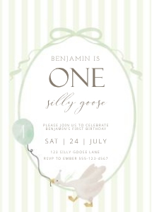 silly goose invite, sage green birthday, 1st birthday card, water design preview