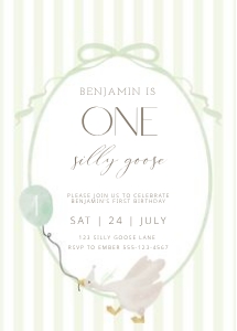 0308 1st birthday Green Silly goose birthday: silly goose invite, sage green birthday, 1st birthday card, water