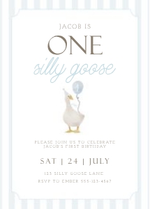 0308 Blue One Silly goose birthday: 1st birthday boy,
baby boy invite,
birthday card,
blue birthday,