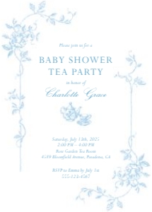 2015 blue tea party baby shower invitation: 2015 tea party tolie de jouy invitation 1