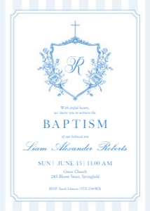 0501 blue crest initial baptism invitation: Blue Floral Baptism Invitation Template