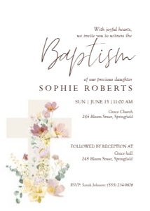 0501 flower cross baptism invitation: Pink Floral Cross Baptism Invitation Template