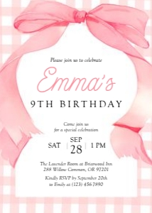 0317 pink bow gingham invitation: 0318 pink gingham birthday invite