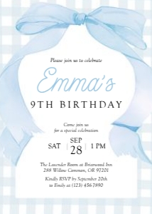 0317 blue bow gingham invitation: 0318 blue gingham birthday invite