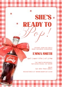 2039 red invite: She Is Ready to Pop Baby Shower Invite Red Gingham Bow Mini Set T