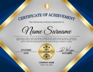 Elegant Blue & Gold Diamond Frame Certificate of Achievement Awar design preview