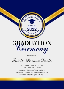 5x7 Elegant Blue & Gold Graduation Ceremony Invitation design preview