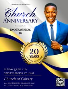 Church Anniversary: Elegant Blue  & Gold Leaf Medallion Flyer design preview