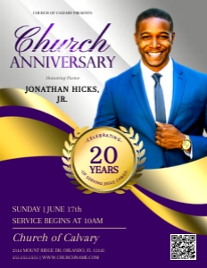 Church Anniversary: Elegant Purple & Gold Leaf Medallion Flyer design preview