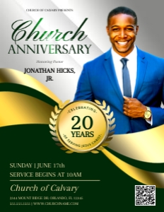 Church Anniversary: Elegant Green & Gold Medal Leaf Motif Flyer design preview