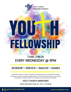 Colorful Paint Splatter Blue Youth Fellowship Church Service Event Flyer design preview