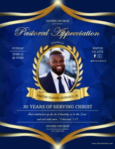 Blue & Gold Oval Photo Leaf Pastoral Appreciation Church Flyer design preview