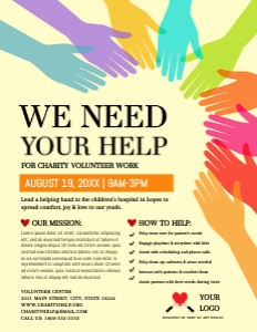 We Need Your Help Colorful Hands Charity Volunteer Flyer design preview