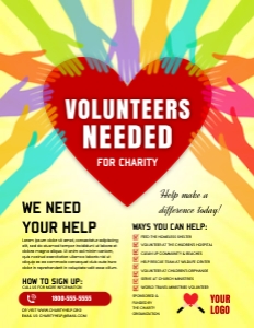 Colorful Hands & Red Heart Volunteers Needed For Charity Ad Flyer design preview