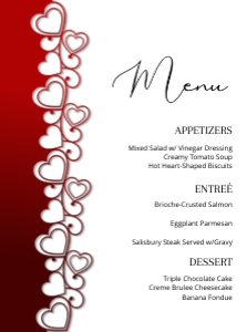 6.5" x 8.75" Romantic Red Hearts Swirls Valentine's Day Menu design preview