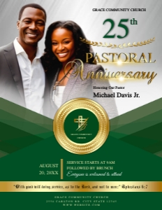 8.5x11 Green & Gold Pastoral Anniversary Church Celebration Flyer: Green & Gold Pastoral Anniversary Church Event Flyer