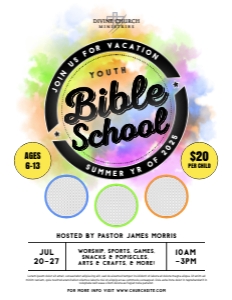 8.5x11 Summer Youth Vacation Bible School Colorful Splatter Church Flyer: 8.5x11 Youth Vacation Bible School Colorful Splatter Summer Flyer