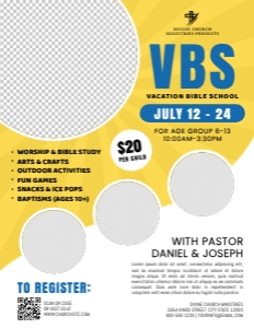 8.5x11 VBS Vacation Bible School Yellow & Blue Church Flyer design preview