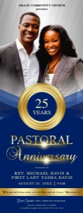 33x84" Elegant Pastoral Anniversary Blue & Gold Church Banner design preview