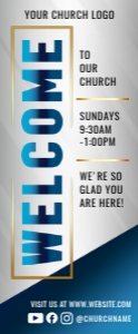 33" x 80" Modern Blue, Gold & Grey Welcome To Our Church Banner design preview