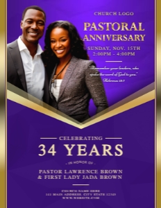 8.5x11 Pastoral Anniversary: Elegant Purple & Gold Frame Church design preview