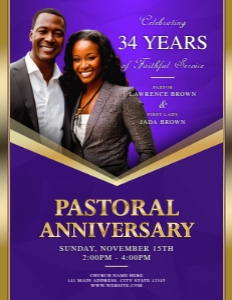 2 SIZES Pastoral Anniversary: Elegant Purple & Gold Frame Church design preview