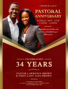8.5x11 Pastoral Anniversary: Elegant Red & Gold Frame Church Flye design preview