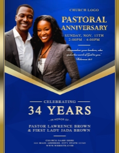 8.5x11 Pastoral Anniversary: Elegant Blue & Gold Frame Church design preview