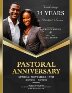(2 SIZES) Pastoral Anniversary: Elegant Black & Gold Frame Church design preview