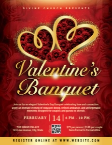 8.5 x 11 Elegant Red Roses & Gold Hearts Valentine's Banquet design preview