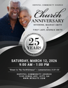 8.5x11 Elegant Soft Black & Silver Church Anniversary Celebration Flyer: 8.5x11 Elegant Soft Black & Silver Church Anniversary Celebration