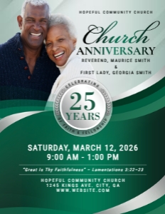 8.5x11 Emerald Green & Silver Church Anniversary Celebration design preview