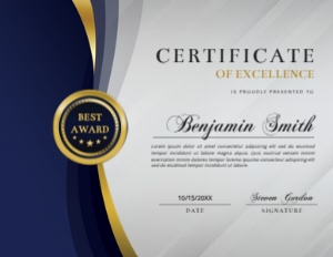 11 x 8.5 Elegant Blue & Gold Certificate of Excellence Award with Side Frame: 11 x 8.5 Elegant Blue & Gold Certificate of Excellence Award
