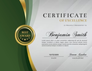 11 x 8.5 Elegant Green & Gold Certificate of Excellence Award with Side Frame: 11 x 8.5 Elegant Green & Gold Certificate of Excellence Award