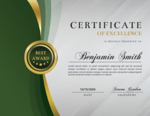 11 x 8.5 Elegant Green & Gold Certificate of Excellence Award design preview