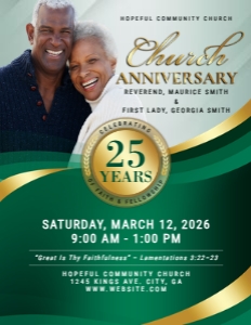 8.5x11 Emerald Green & Gold Church Anniversary Celebration Flyer: 8.5x11 Emerald Green & Gold Church Anniversary Celebration Flyer