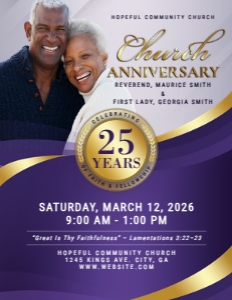 8.5x11 Royal Purple & Gold Church Anniversary Celebration Flyer: 8.5x11 Royal Purple & Gold Church Anniversary Celebration Flyer