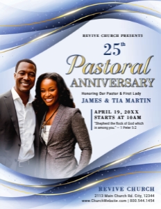 8.5x11 Elegant Pastoral Anniversary Blue & Gold Church Flyer: 8.5x11 Elegant Pastoral Anniversary Blue & Gold Church Flyer
