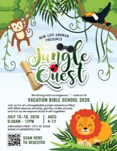 8.5x11 Vacation Bible School Jungle Quest Church Flyer: 8.5x11 Vacation Bible School Jungle Quest Church Flyer