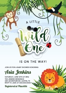 5x7 Wild One Jungle Safari Animals Baby Shower Invitation design preview