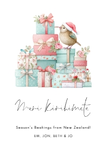 5 x 7" kiwi perched on gifts Meri Kirihimete: CH-33 New Zealand Christmas Card Bundle