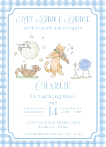 Birthday Invitation  - Diddle Diddle - Nursery Rhyme - Blue Gingham - Cat and Fiddle: Birthday Invitation - Diddle Diddle - Nursery Rhyme - Blue Gingham - Cat and Fiddle