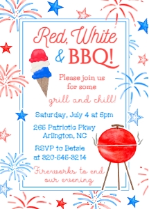 Red White and BBQ 5x7": Red, White & BBQ 4th of July Invitation