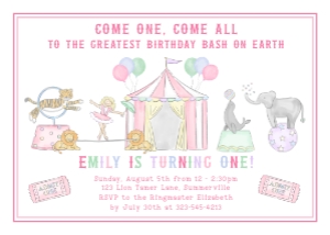 Birthday Invitation - Horizontal Circus - Pink  7 x 5 in: Birthday Invitation - Horizontal Circus - Pink 7 x 5 in