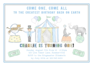 Birthday Invitation - Horizontal Circus - Blue  7 x 5 in: Birthday Invitation - Horizontal Circus - Blue 7 x 5 in