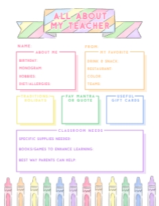 All About My Teacher - Rainbow Banner - Crayons - 8.5 x 11": All About My Teacher - Rainbow Banner - Crayons